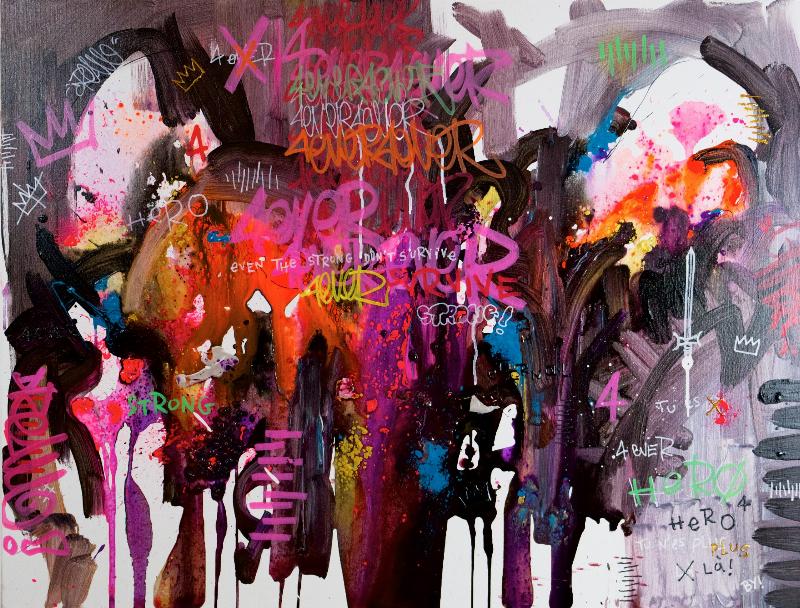 Une œuvre d'art urbain stylisée, exposée dans une galerie d'art moderne, avec un cadre épuré