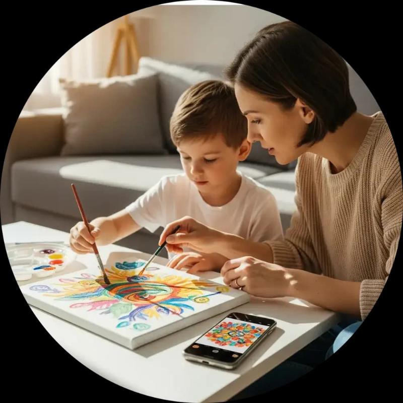 Tableau coloré réalisé par des enfants, explorant différentes techniques de peinture pour exprimer la joie et l'imagination.