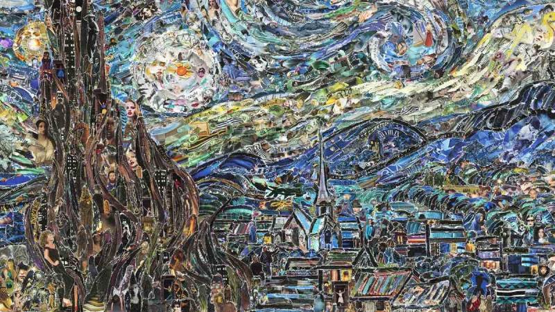 Sculpture contemporaine d'art visuel faite à partir de matériaux recyclés dans un paysage urbain français