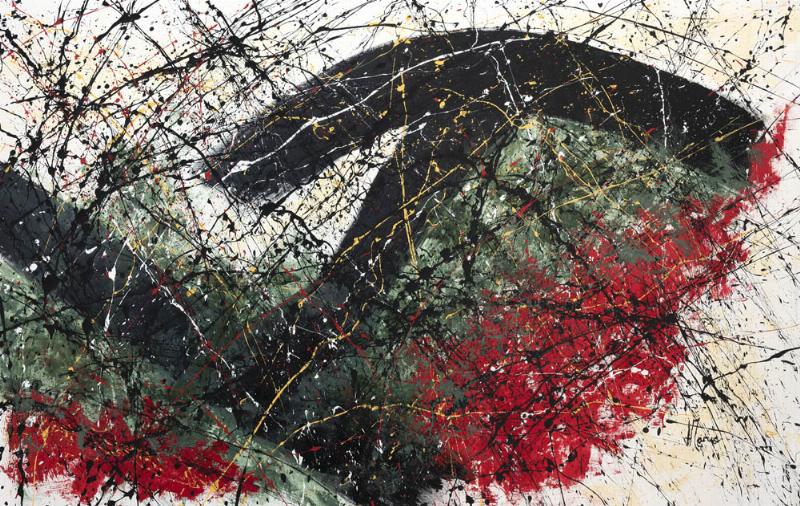 Portrait d'un artiste peintre abstrait contemporain français travaillant dans son atelier, style distinctif