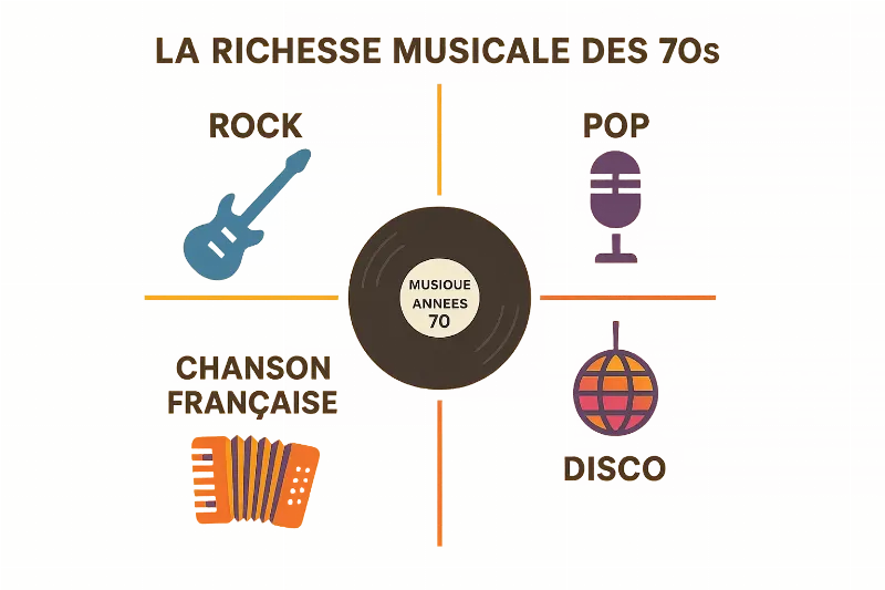 Icônes de la musique pop rock française des années 70 reflétant l'énergie de l'époque