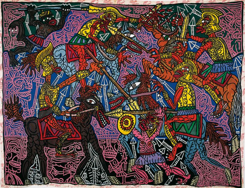 Un atelier d'art français baigné de lumière naturelle, avec un artiste travaillant sur une toile