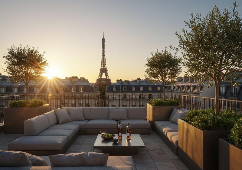 Balcon moderne végétalisé avec plantes grimpantes et jardinières intégrées dans un environnement urbain chic.