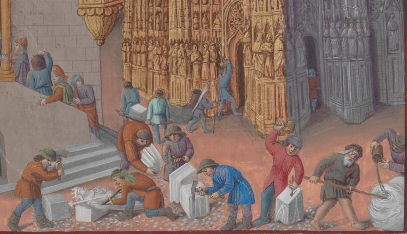 Cathédrale gothique en France en construction, maçons et architectes médiévaux au travail