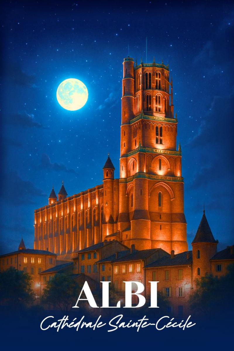 Cathédrale gothique de France illuminée la nuit, atmosphère magique