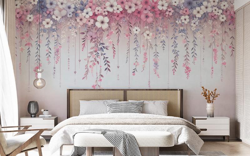 Chambre adulte peinture inspiration Provence, ambiance romantique et douce avec des touches florales.