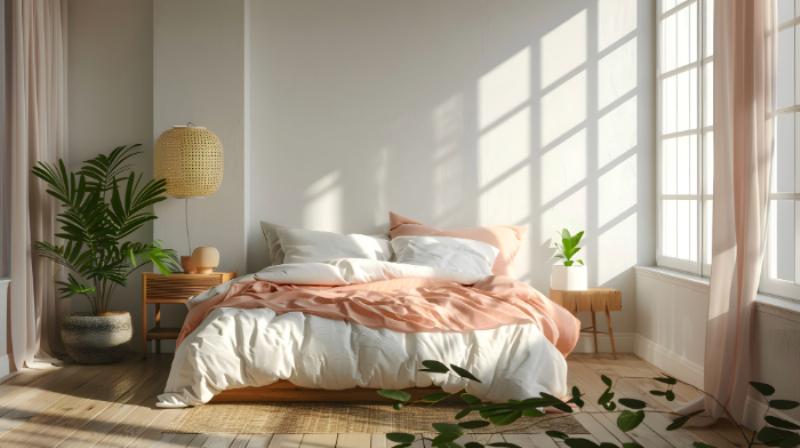 Une chambre adulte rose cosy et zen avec plantes et lumière naturelle