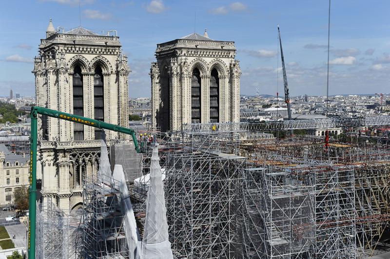 Sécurité sur le chantier de restauration de Notre-Dame de Paris avec ouvriers équipés
