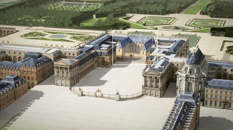 Scène de construction du château de Versailles avec des ouvriers du 17e siècle