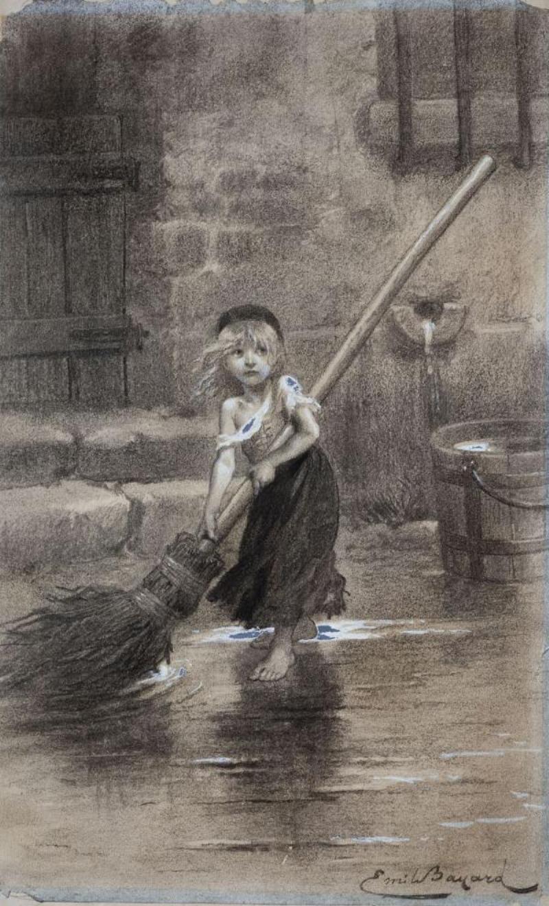 Cosette, enfant malheureuse, symbolisant la souffrance de l'enfance exploitée dans la France misérable du XIXe siècle