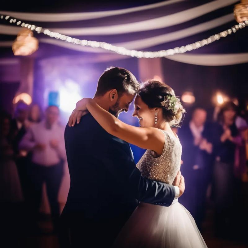 Un couple élégant danse un slow romantique pour leur ouverture de bal mariage, ambiance chaleureuse et lumineuse, chanson française en fond