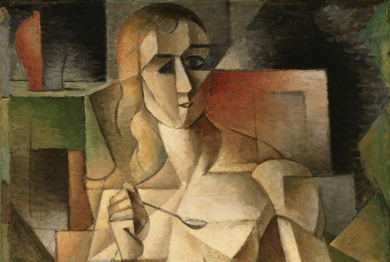 Peinture cubiste avec des formes géométriques fragmentées et des perspectives multiples, dans le style de Picasso