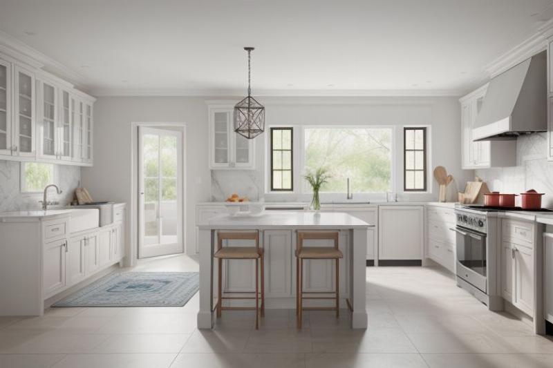 Cuisine élégante avec murs et meubles peints en taupe, créant une ambiance chaleureuse et lumineuse, typique du design français.