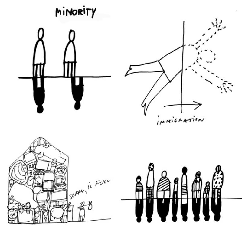 Dan Perjovschi en performance, dessine une critique des médias en direct devant le public
