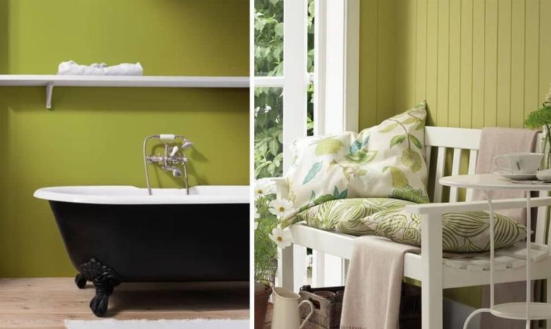 Salon lumineux avec murs vert anis, canapé gris et accessoires colorés, harmonie française