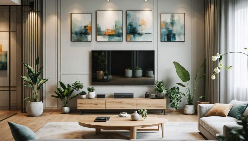 Décoration de salon avec peinture mur derrière TV élégante et harmonieuse