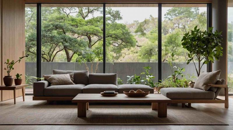 Design intérieur minimaliste d'une maison japonaise moderne, avec des meubles épurés, des couleurs douces et des matériaux naturels comme le bois et le béton, favorisant la sérénité et le calme.