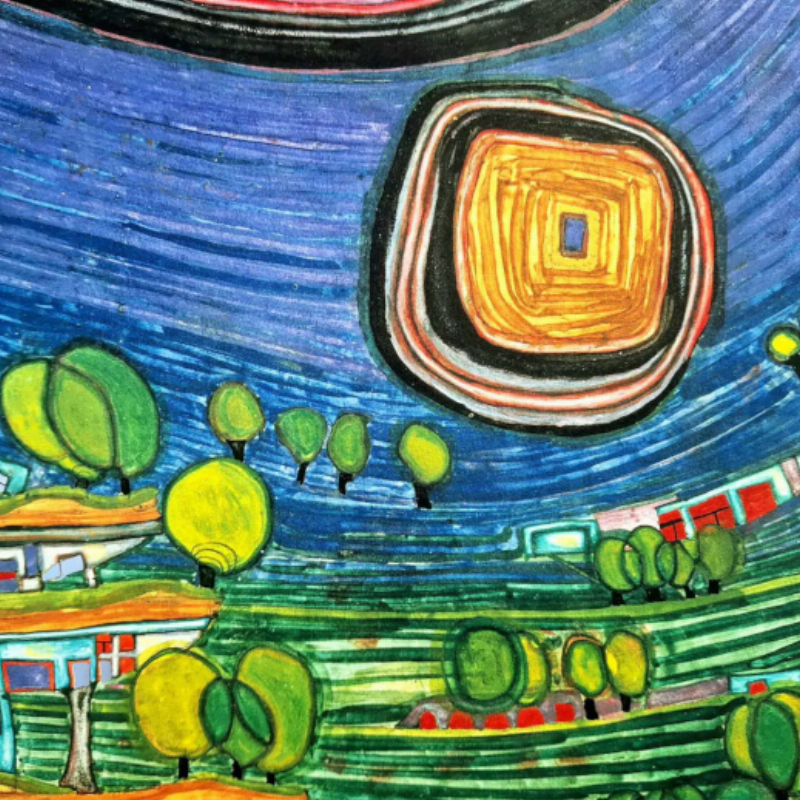 Détails d'une Hundertwasser peinture avec des couleurs vives et des motifs architecturaux organiques