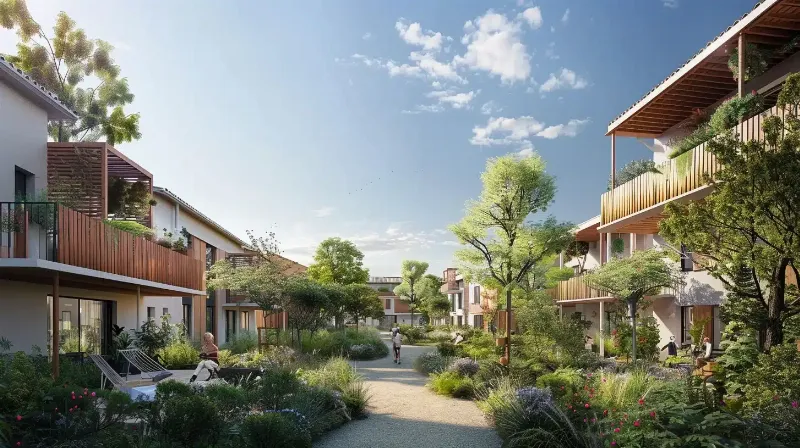 Exemple d'écoquartier à Montpellier avec des bâtiments modernes et des espaces verts intégrés