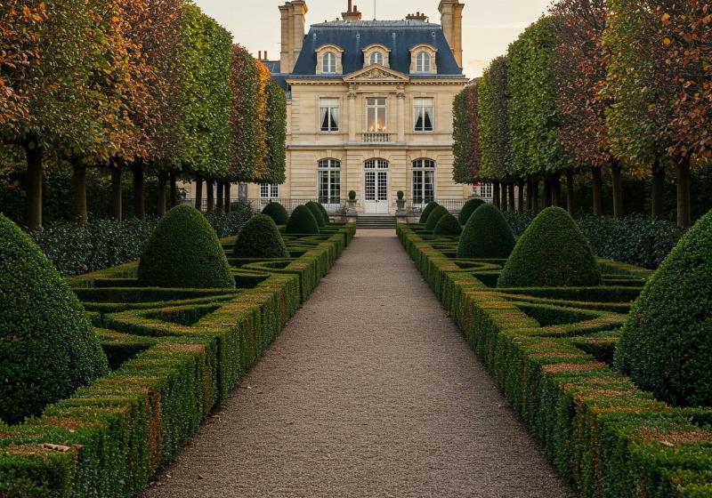 Un aménagement paysager minimaliste avec un coin repas extérieur moderne, des plantations structurées et un mur végétal, reflétant l'architecture de jardin moderne.