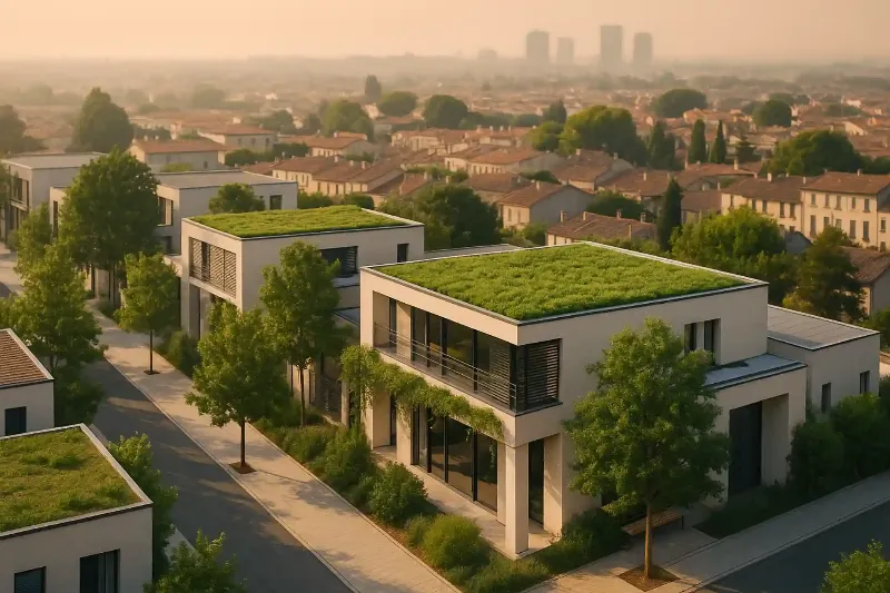 Façade d'architecture moderne bioclimatique intégrant des éléments durables et végétaux en France