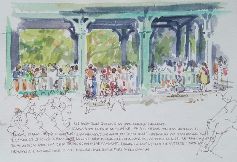 Ambiance festive et conviviale lors de la Fête de la Musique dans les rues de Paris, avec des musiciens et la foule joyeuse