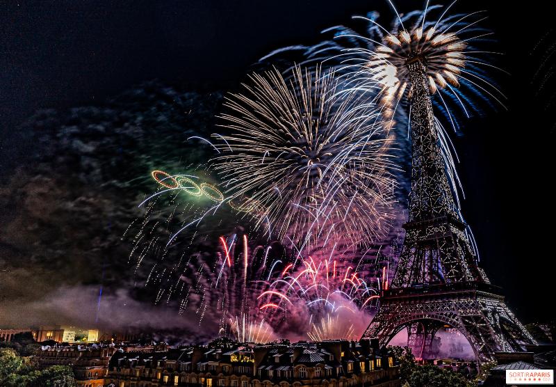 Famille française célébrant la Fête Nationale à Paris, regardant les feux d'artifice, quelle fete ce jour