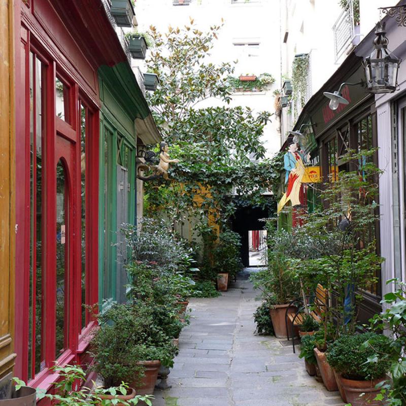 Ruelle pavée parisienne avec des galeries d'art historiques