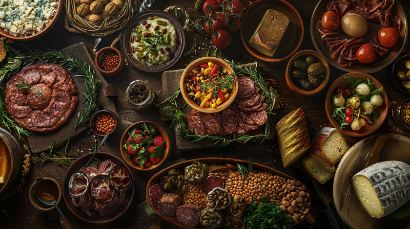 Délices gastronomiques d'Auvergne avec fromages, charcuteries et pounti sur une table rustique, mettant en valeur le restaurant Clermont-Ferrand et les saveurs locales