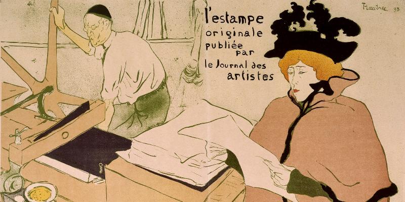 Un atelier de lithographie du XIXe siècle, avec Toulouse-Lautrec au premier plan, des affiches japonaises en arrière-plan et des outils de gravure.
