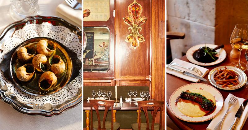 Intérieur d'un bistrot parisien authentique avec une ambiance chaleureuse, des boiseries et une cuisine traditionnelle servie avec élégance.