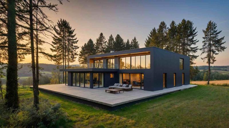 Intérieur lumineux et confortable d'un habitat bioclimatique en France, optimisé pour le bien-être