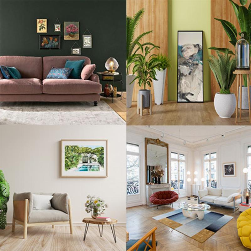 Un salon moderne et élégant avec un grand tableau abstrait coloré, mettant en valeur l'harmonie entre l'art et la décoration intérieure pour savoir où acheter des tableaux adaptés.