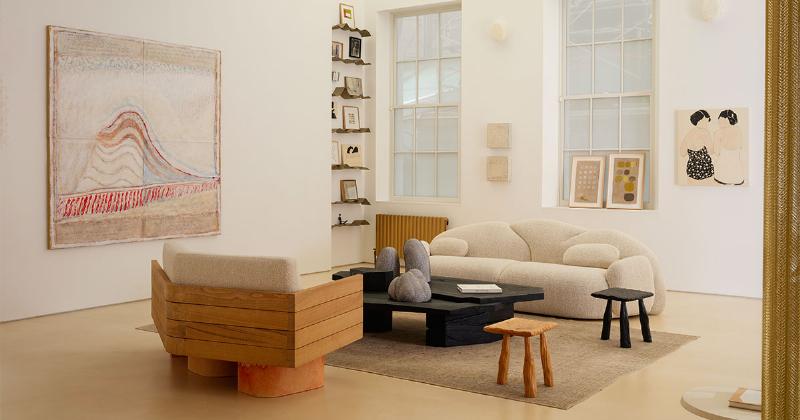 Intérieur d'une galerie d'art urbain moderne avec des œuvres contemporaines lumineuses