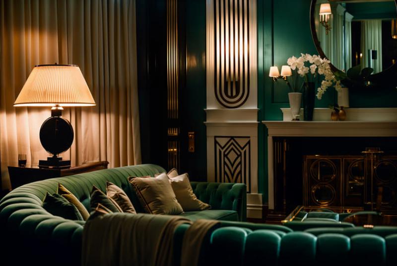Intérieur de salon Art Déco, mobilier luxueux et décor géométrique