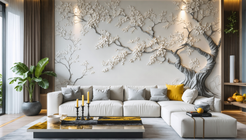 Intérieur de salon moderne et élégant avec une peinture Saint Maclou sur mur d'accent