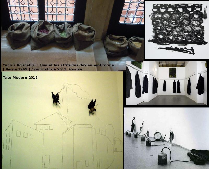 Jannis Kounellis, un exemple de son œuvre avec des sacs de jute et des éléments métalliques dans une installation emblématique de l'Arte Povera