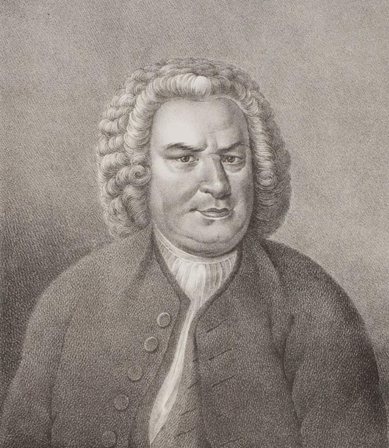 Johann Sebastian Bach, portrait d'un compositeur musique classique allemand de l'ère baroque avec perruque et partition
