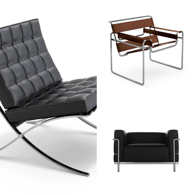 LC3 Le Corbusier : Fauteuil iconique, structure en acier chromé et coussins en cuir, design moderniste français