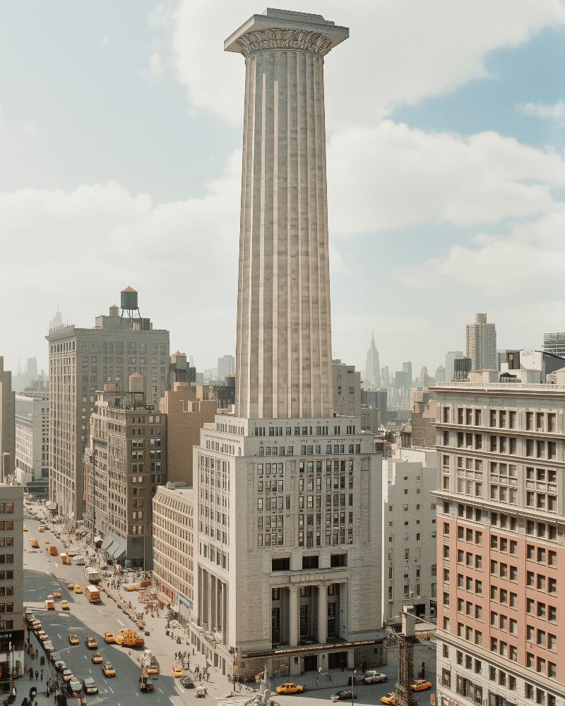 Vue conceptuelle du Plan Voisin de Le Corbusier pour Paris, avec ses gratte-ciels et ses espaces verts.