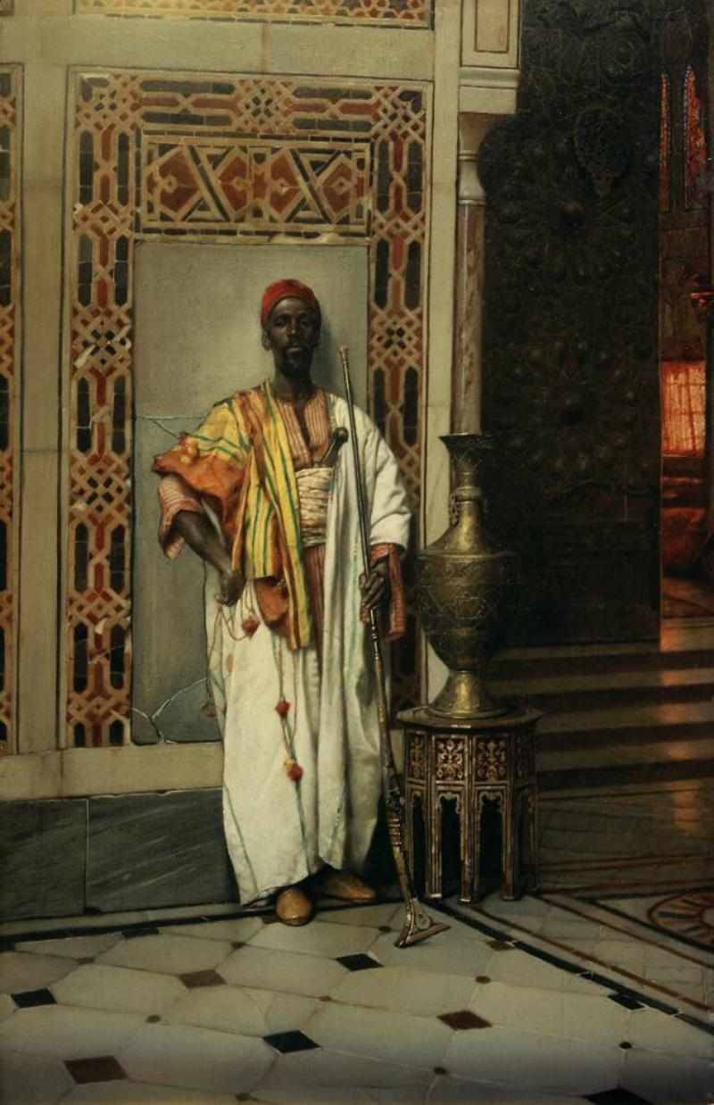 Portrait détaillé d'un garde orientaliste par Ludwig Deutsch, technique académique