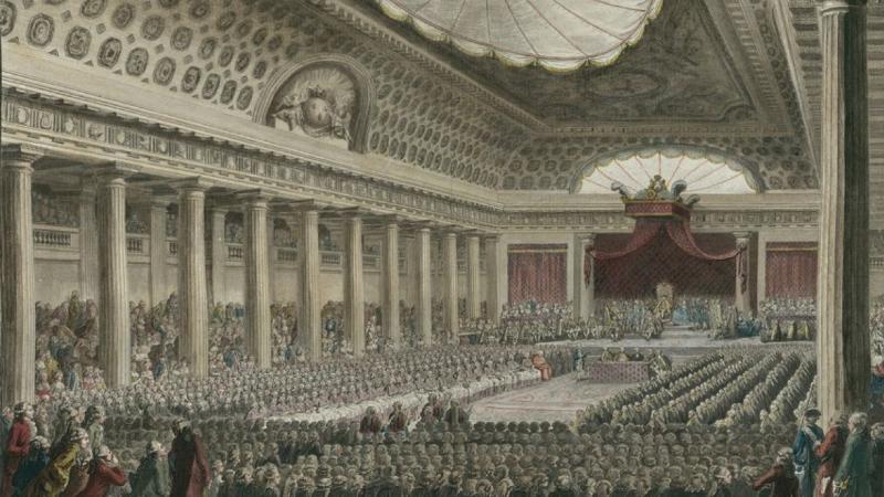 Jean-Baptiste Lully dirigeant un orchestre à la cour du Roi Louis XIV, illustrant les origines de la musique classique française