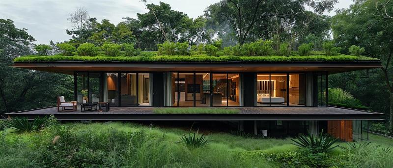 Maison d'architecture moderne avec un design épuré et une abondance de lumière naturelle, intégrant l'extérieur