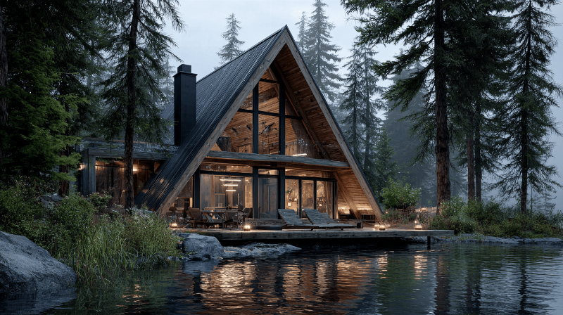 Maison bois architecture moderne au design épuré, avec de grandes baies vitrées et une intégration parfaite dans la nature