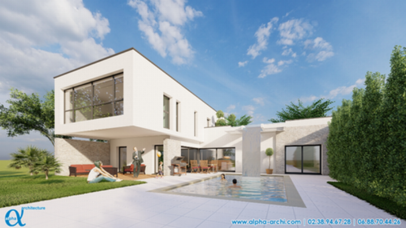 Intérieur de maison moderne avec un design minimaliste, des espaces ouverts et une lumière naturelle abondante en France.