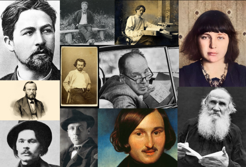 Portraits des plus grands maîtres de la littérature russe du 20ème siècle avec leurs œuvres emblématiques