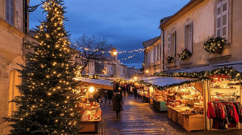 Un marché de Noël typique en France, illustrant l'ambiance chaleureuse et la richesse des produits artisanaux durant les fêtes de fin d'année.