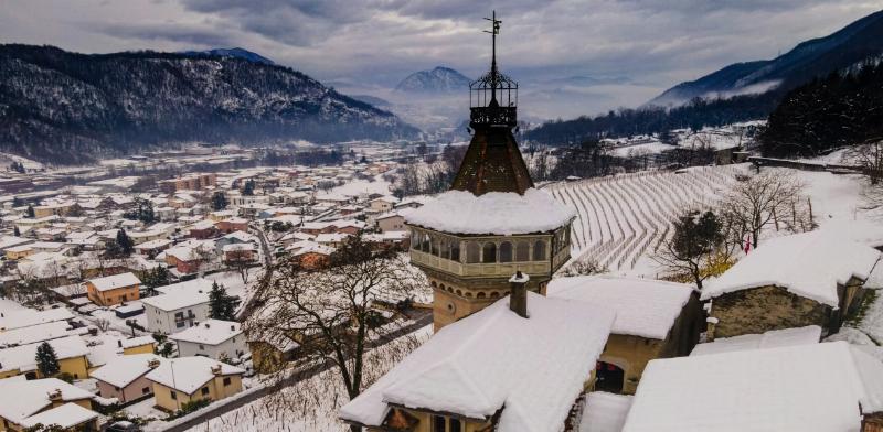 Marché de Noël traditionnel illuminé en France avec chalets en bois, décorations festives et foule joyeuse.