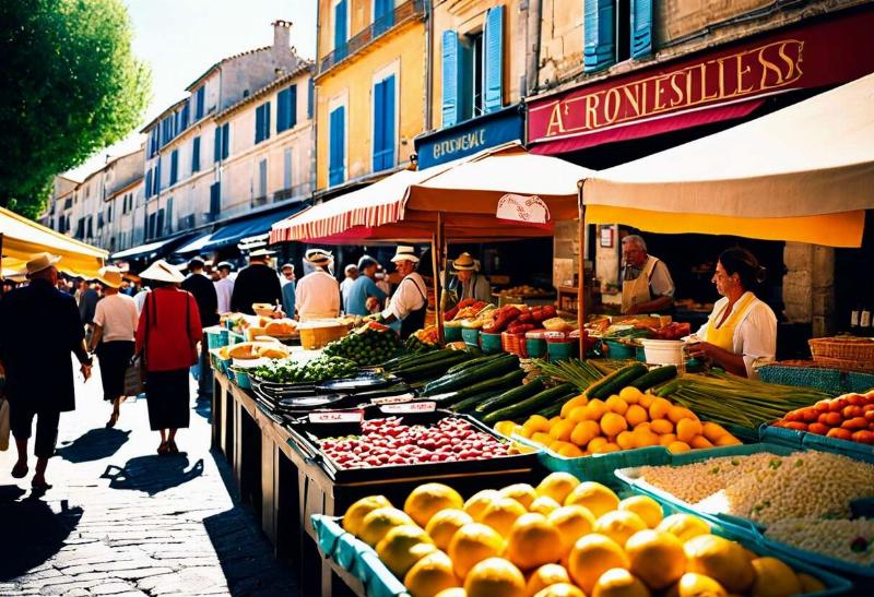 Marché provençal animé avec étals colorés et produits frais locaux, une tradition française vivante