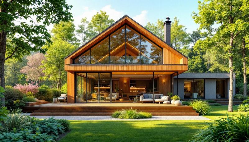 Des matériaux modernes comme le verre et le béton, harmonieusement combinés avec des éléments traditionnels comme le bois français, pour un bâtiment architectural contemporain et durable en France